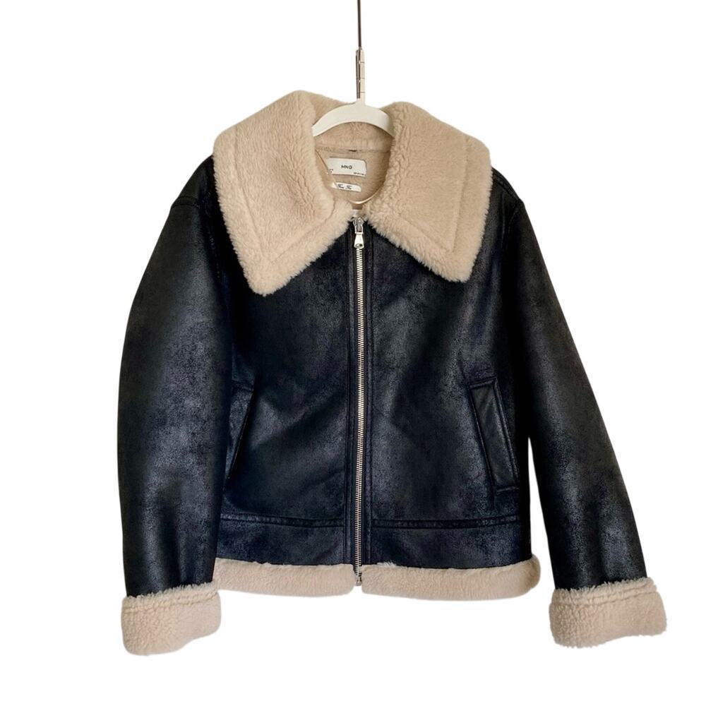 Mango MNG Faux Fur Shearling Collared Heritage Minimal Utility Full Zip Jacket